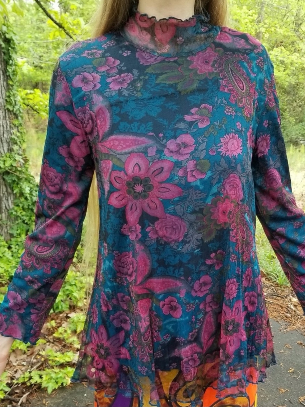 Purple Floral Tunic Blouse Sheer Mesh Purple Sweater Turtleneck Goth Blouse
